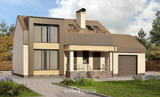 150-015-Л Проект двухэтажного дома с мансардным этажом, гараж, компактный загородный дом из бризолита Енисейск | Проекты домов от House Expert